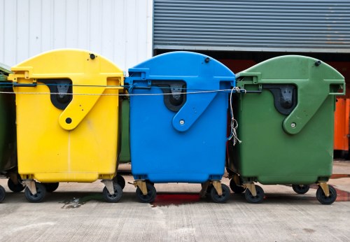 Builders placing a skip on a Wembley construction site